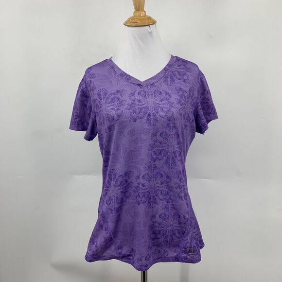 Rei Top Womens S Small Heliotrope V Neck Abstract Short Sleeve Stretch Outdoor - Picture 2 of 12
